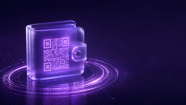Purple glass wallet with glowing qr code standing above digital ring pattern representing mobile payment technology