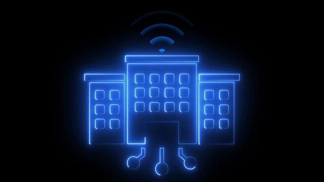 Smart building neon animation: digital infrastructure, io t connectivity, and modern city technology concept