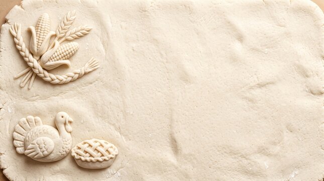 Thanksgiving white background border with 3d sculpted salt dough turkey, pie, and corn motifs, offering central copy space for bakery recipe design promotion