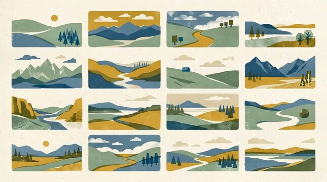 Set of abstract landscape illustrations with mountains, rivers, and forests in flat style.