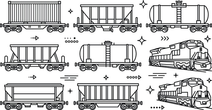 Freight train cargo wagon set featuring locomotive tanker hopper container car railway line art vector outline illustration