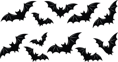 Fototapeta premium Set of black flying bats silhouettes, spooky Halloween vector illustration graphic elements