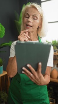 Woman florist in green apron holds tablet and touches chin while reviewing floral orders and plant inventory in a studio building; calm focus.