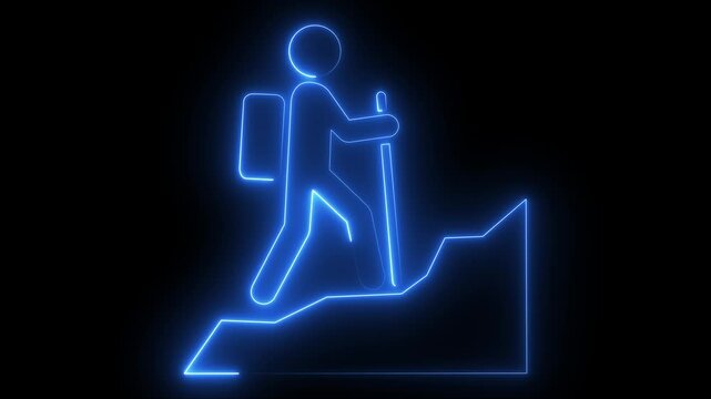 Glowing neon hiking animation: hiker with backpack climbing mountain peak for adventure and travel concepts