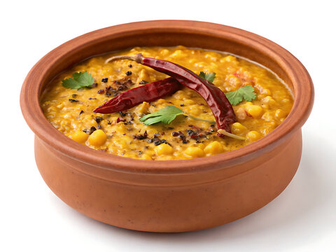 Yellow dal tadka in a traditional terracotta pot, tempered lentils with dried red chili and cumin