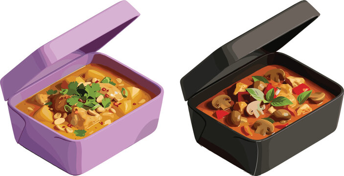 Delicious Thai curry in takeaway lunch boxes, spicy soup with mushrooms and chicken vector illustration