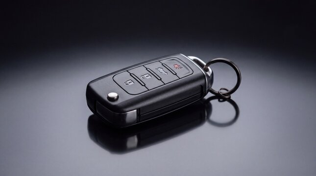 Car key fob on a reflective surface. Black electronic remote control with buttons for locking, unlocking, trunk release, and panic alarm. Studio product photograph for automotive websites