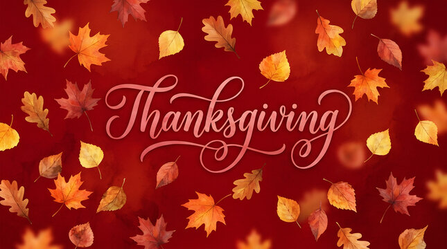 Elegant thanksgiving greeting card design with falling autumn leaves background