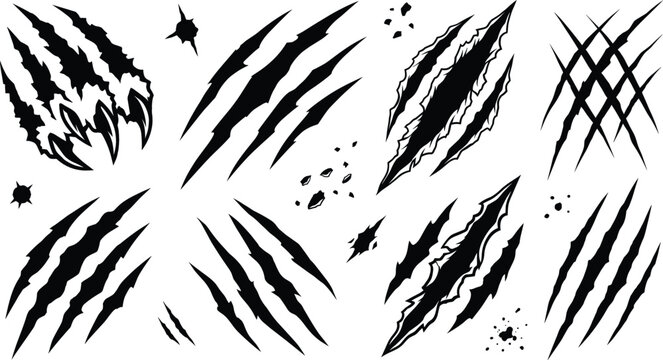 Monster claw scratch marks set featuring sharp animal paw slash slash cut tearing slash vector silhouette illustration