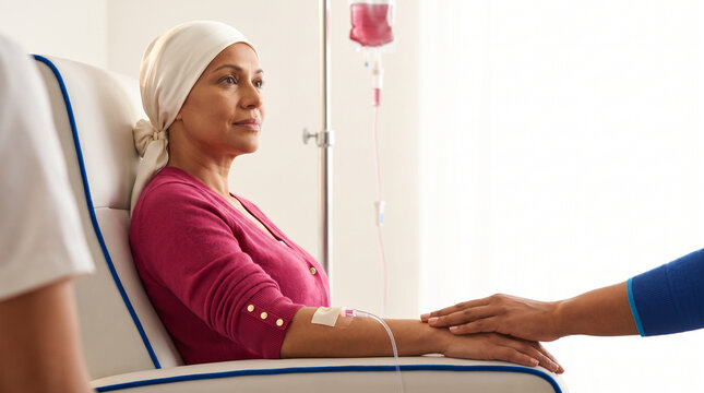 Woman undergoing chemotherapy treatment while receiving IV infusion  