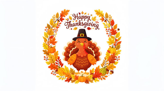 Cute thanksgiving turkey wearing pilgrim hat inside autumn leaf wreath