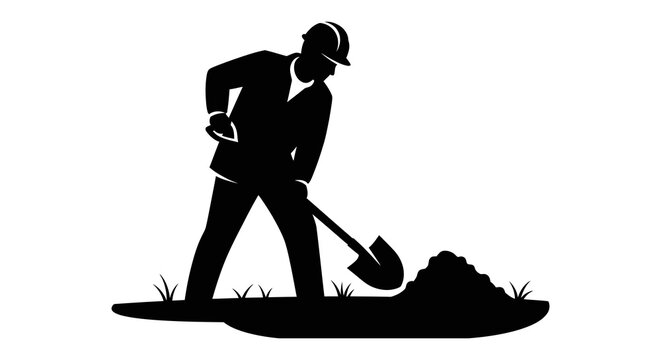 Worker digging with shovel a black silhouette against a white background