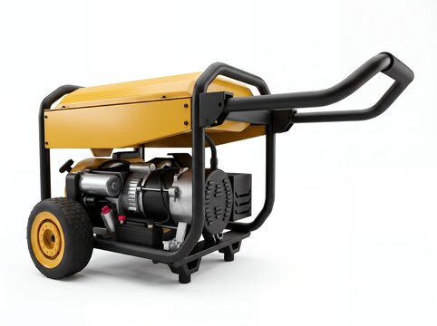 Yellow industrial generator on wheels with black protective frame power unit