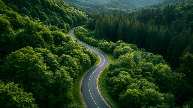 Winding road curves through lush green forest. Vibrant trees surround asphalt path gracefully. Nature's serenity invites calm exploration. Perfect for travel, eco, or adventure themed projects
