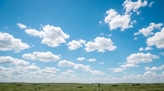 Vast green rolling hills under a bright blue sky with fluffy white clouds