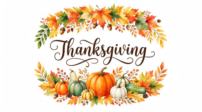 Watercolor thanksgiving wreath with pumpkins and autumn fall foliage leaves