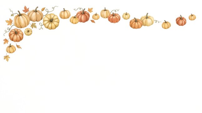 Watercolor autumn pumpkin corner frame border with orange and yellow leaves for harvest season design