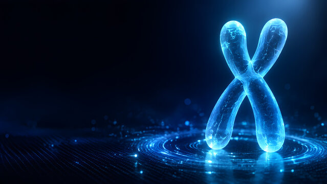 Crystal chromosome shape glows blue above glowing digital circle floor for genetic science banner design