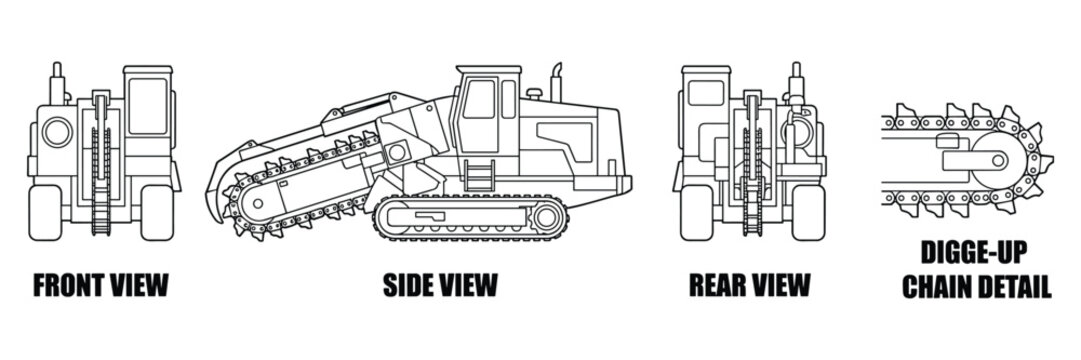 Engineering drawings of a trencher machine with front, side, rear views, and chain detail.