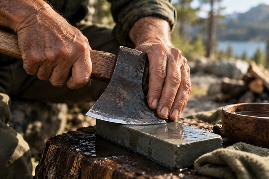 Weathered Hands Sharpening an Axe on a Whetstone Outdoors