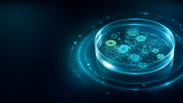 Glass petri dish holds glowing virus colony samples above digital circle pattern for research banner