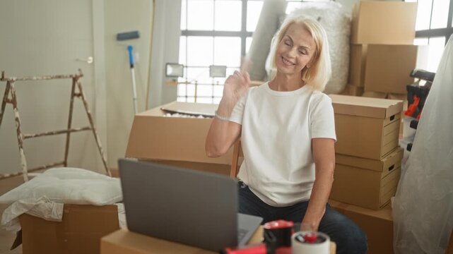 Woman waves hand at laptop among stacked boxes, packing tape and ladder in a building apartment living space; hopeful new start.