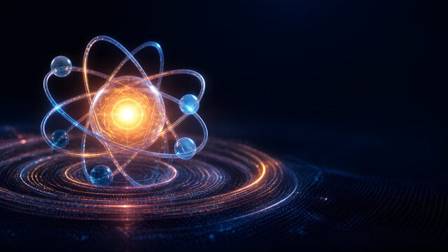 Atom illustration shows bright orange nucleus with orbiting blue electron ring above digital circle floor