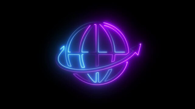 Neon globe with orbiting arrow animation, digital global connectivity and business growth concept earth
