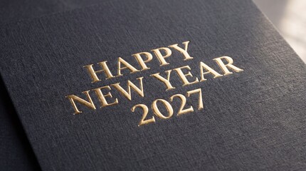 Fototapeta premium Happy New Year 2027 greeting card. Gold foil embossed text on textured black paper. Elegant holiday background for luxury celebrations