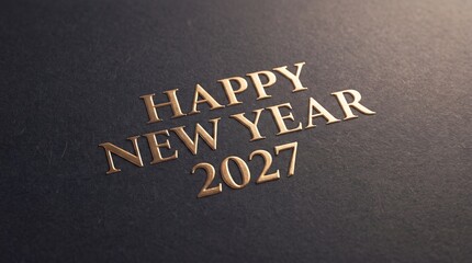 Fototapeta premium Happy New Year 2027 gold foil letterpress on dark paper. Elegant embossed typography. Holiday greeting card design