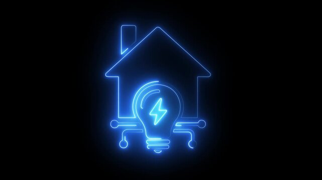 Smart home energy efficiency neon sign, glowing house and light bulb for sustainable living and io t technology concept