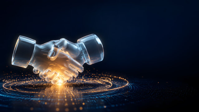 glass handshake glowing gold light business partnership deal agreement trust cooperation teamwork success digital network background
