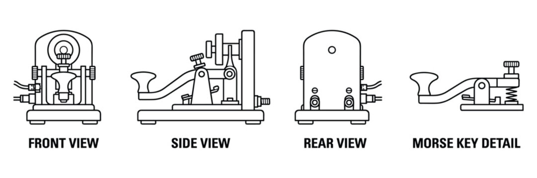 Morse code telegraph key with lever and spring mechanism shown from multiple views.