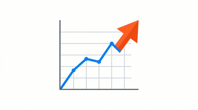 Business growth and financial success chart. Blue line graph with a large orange upward pointing arrow