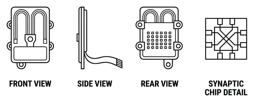 Neural network synaptic chip detail front side rear views, technology concept graphic.