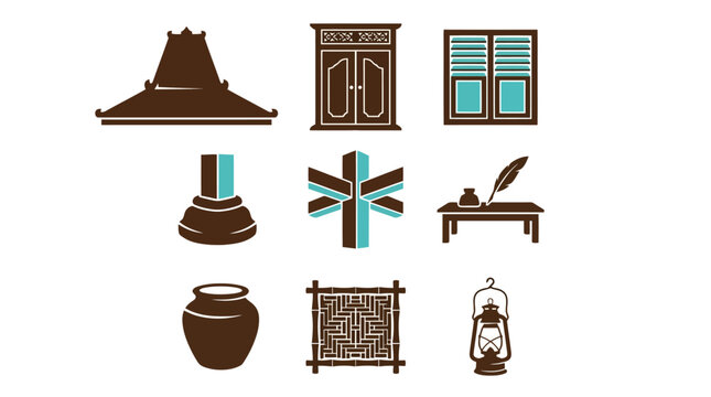 Collection of traditional Indonesian cultural objects and architectural elements, including a joglo roof, cabinet, window, inkwell, and lantern.