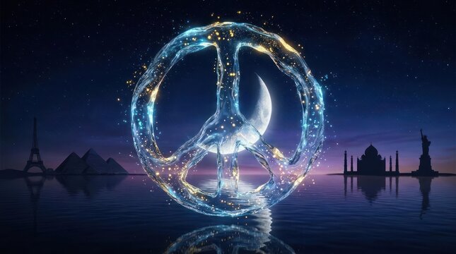 Liquid water peace sign floating above calm sea surface.