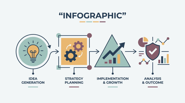 Business infographic showing idea strategy implementation and analysis steps