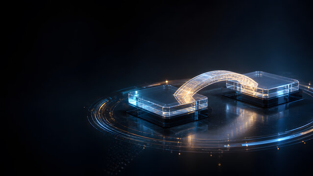 glass bridge glowing orange connecting two platforms partnership link connection gap solution business technology network path