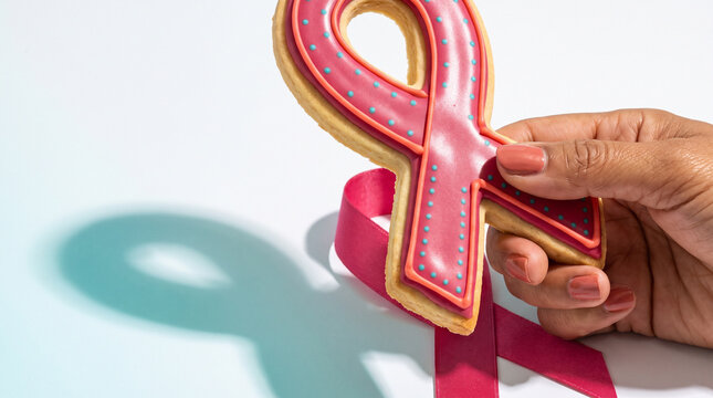 Pink ribbon cookie held by hand representing awareness and support  