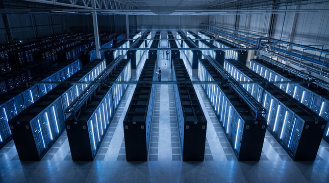 Aerial view of a modern data center floor featuring long rows of glowing server cabinets containing SSD storage. Cool white and blue lighting creates a clean, minimalist industrial tech design.