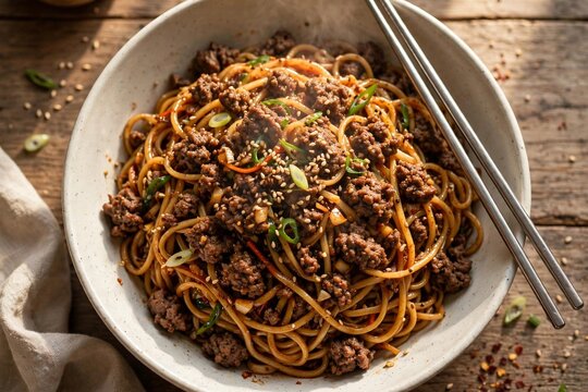 Korean Ground Beef and Noodles Bowl 6 - A rustic overhead shot of Kore