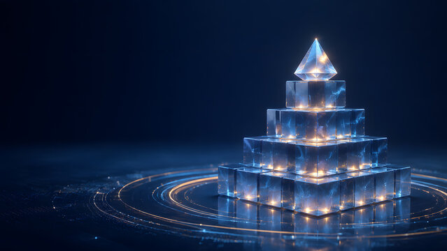 glass pyramid blocks glowing diamond top hierarchy structure achievement success level rank growth business foundation stack