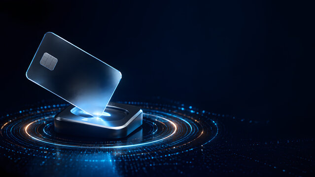 transparent glass credit card with chip hovering above digital payment reader terminal for online banking business