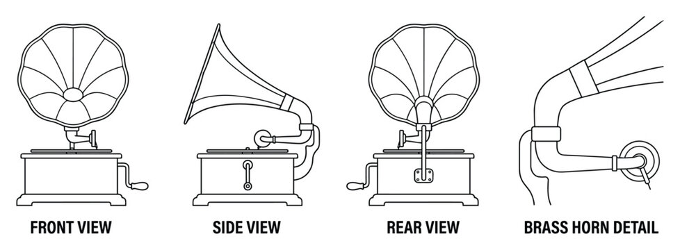 Vintage gramophone front side rear views and brass horn detail line art illustration.