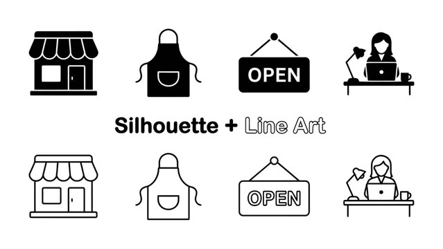 Small Business Icons: A collection of clean, modern icons representing a small business, including a storefront, apron, open sign, and person working at a desk.