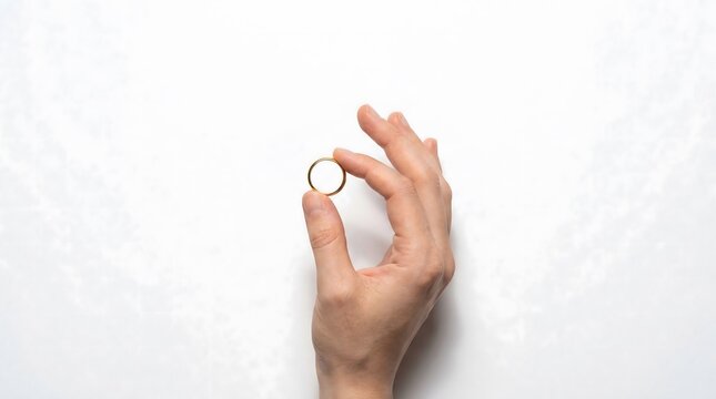 Elegant Gold Wedding Ring Held Delicately Between Fingers On White