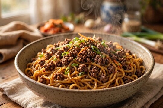 Korean Ground Beef and Noodles Bowl 31 - Hyper-realistic food photogra