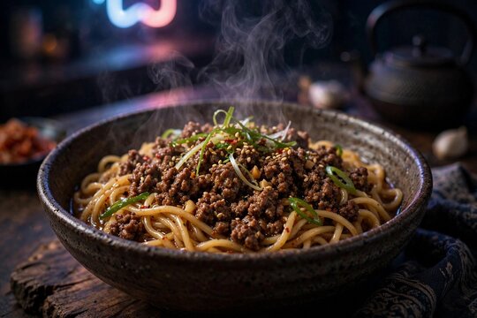 Korean Ground Beef and Noodles Bowl 33 - A close-up food photography s