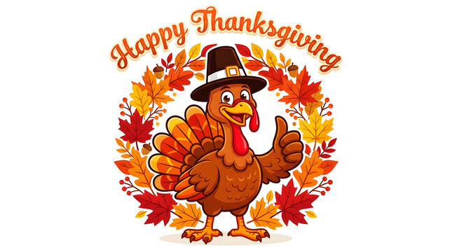 Cartoon thanksgiving turkey wearing a pilgrim hat with autumn leaves